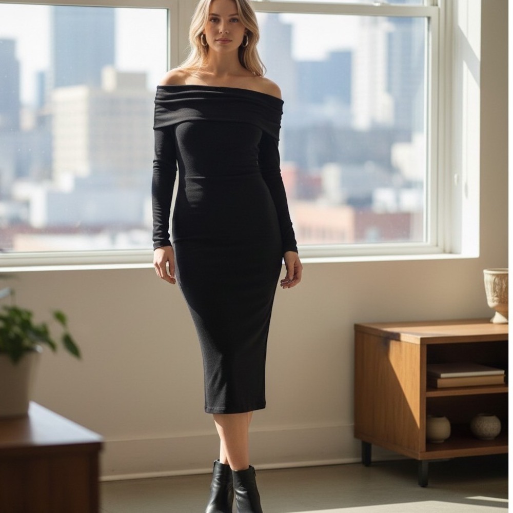 Madison & Berkeley Black Off The Shoulder Bodycon Midi Dress Long Sleeve XS